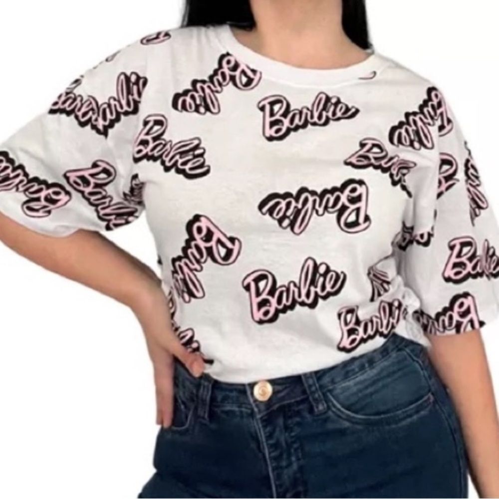 Women Barbie T-shirt Tee Cropped Top White Pink 

Size L